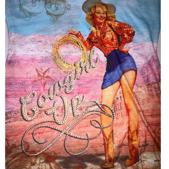 Sweet Gisele Cowgirl Up Pin Up Graphic T Shirt Women's Large - Picture 2 of 6